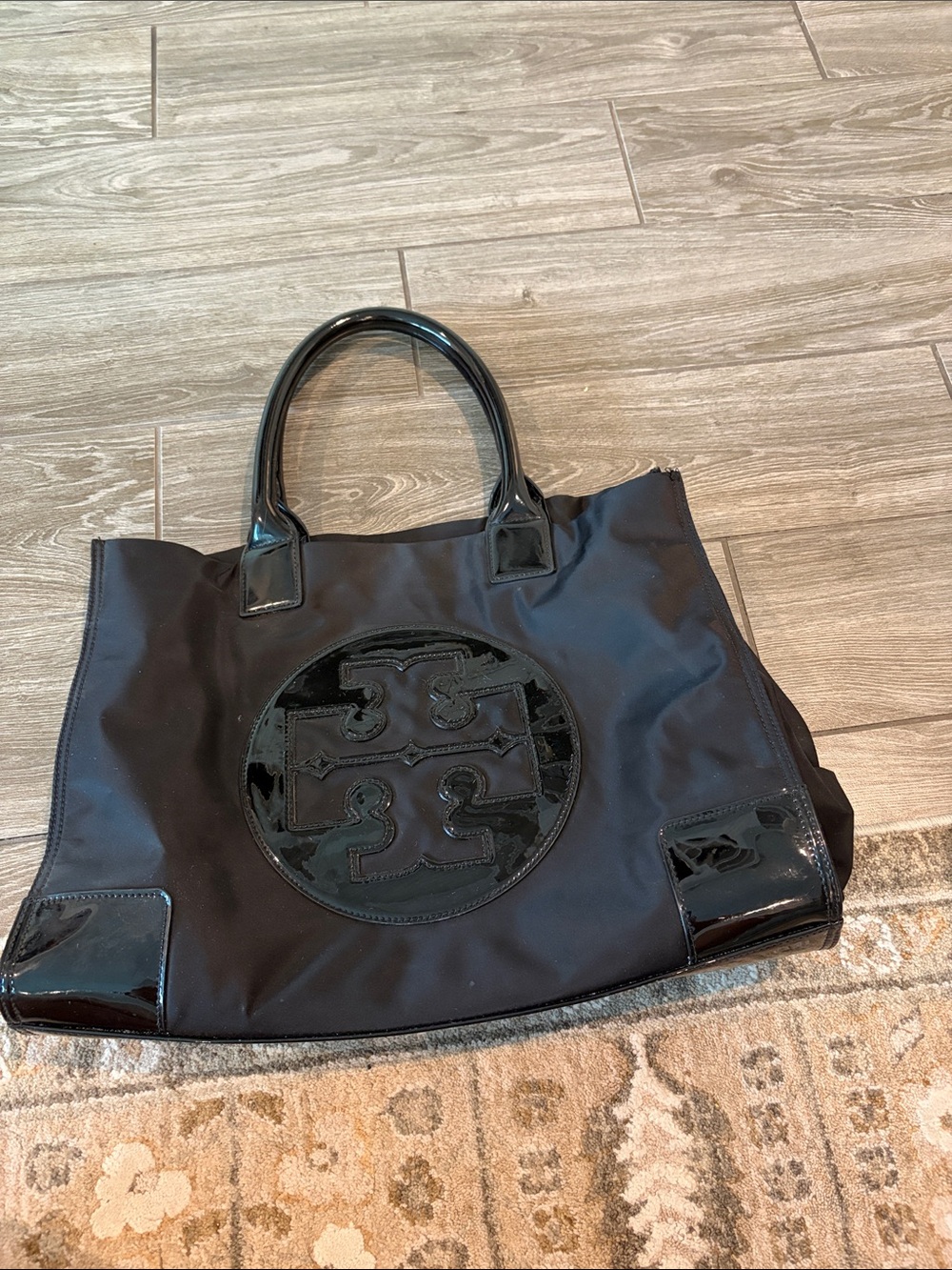 Tory Burch Ella Black Nylon Tote with Patent Logo - Picture 2 of 9